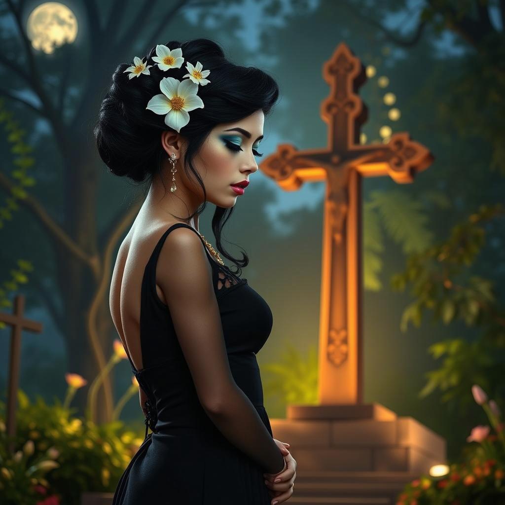 A striking profile image of a beautiful young woman in a somber pose, adorned with delicate flowers in her black hair styled in an elegant updo