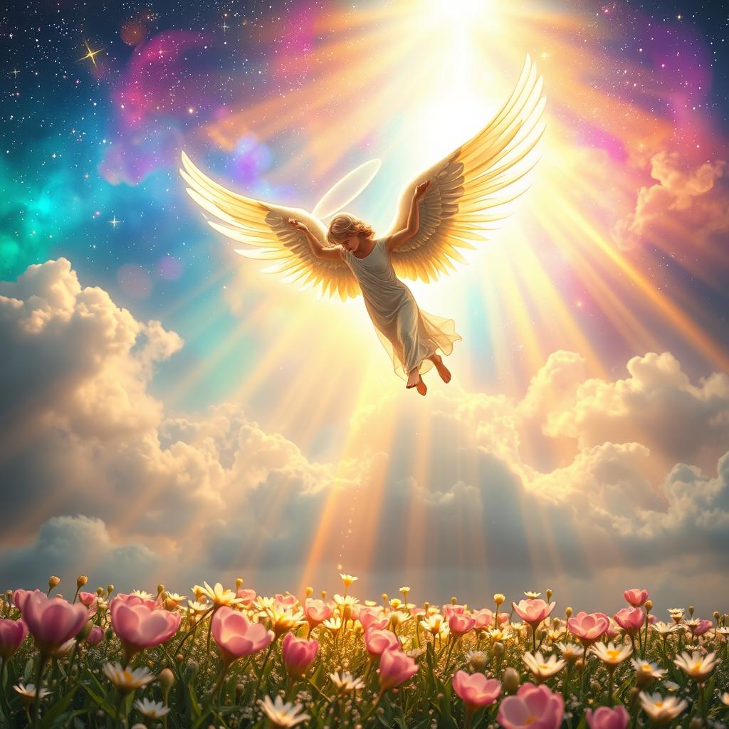 A stunning representation of a surreal and ethereal rapture scene, featuring vibrant celestial colors blending beautifully in a cosmic background filled with stars and galaxies
