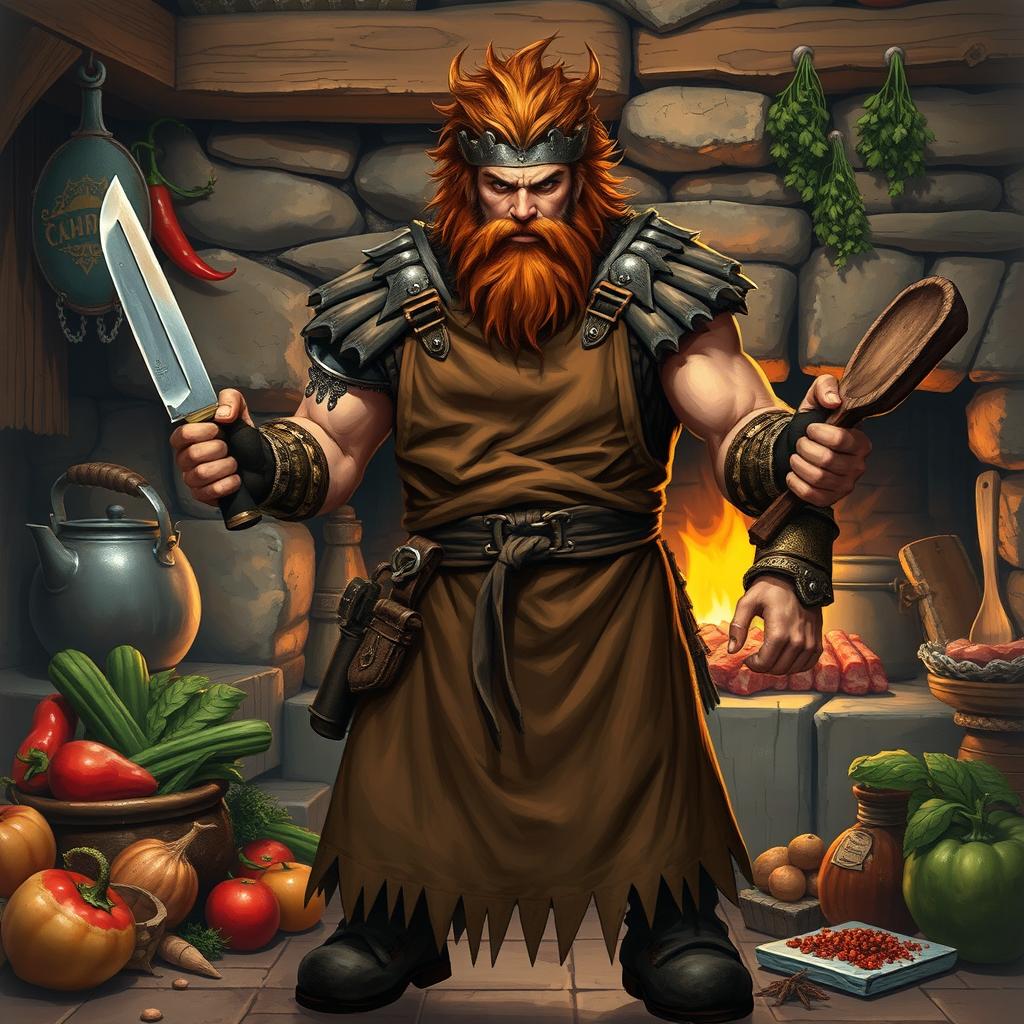 A powerful Dungeons and Dragons Barbarian Fighter who is also a skilled chef, wearing a rugged leather apron over traditional barbarian armor