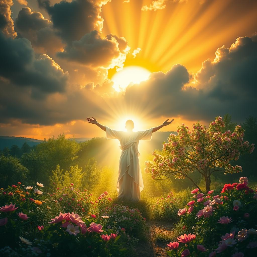 A vibrant and ethereal scene representing resurrection, featuring a majestic sunrise breaking through dark clouds, illuminating a lush landscape filled with blooming flowers and trees