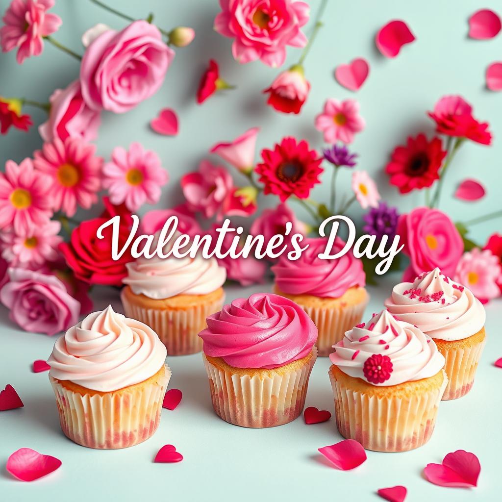 A vibrant and colorful Valentine's Day themed background featuring various flowers in pinks, reds, and purples, conveying a romantic ambiance