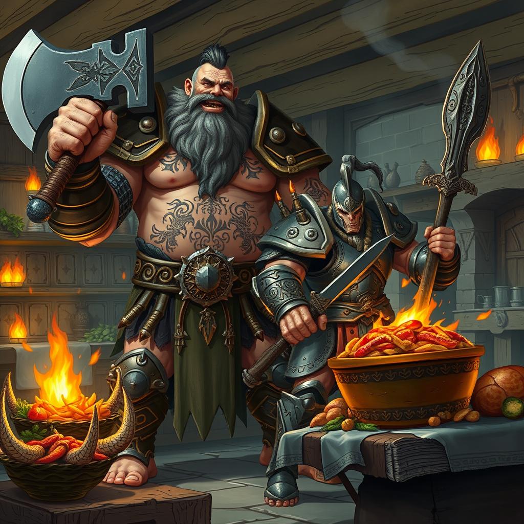 A fantasy scene featuring a towering Goliath Ancestral Guardian Barbarian and a muscular Rune Knight Fighter, both clad in intricately designed armor