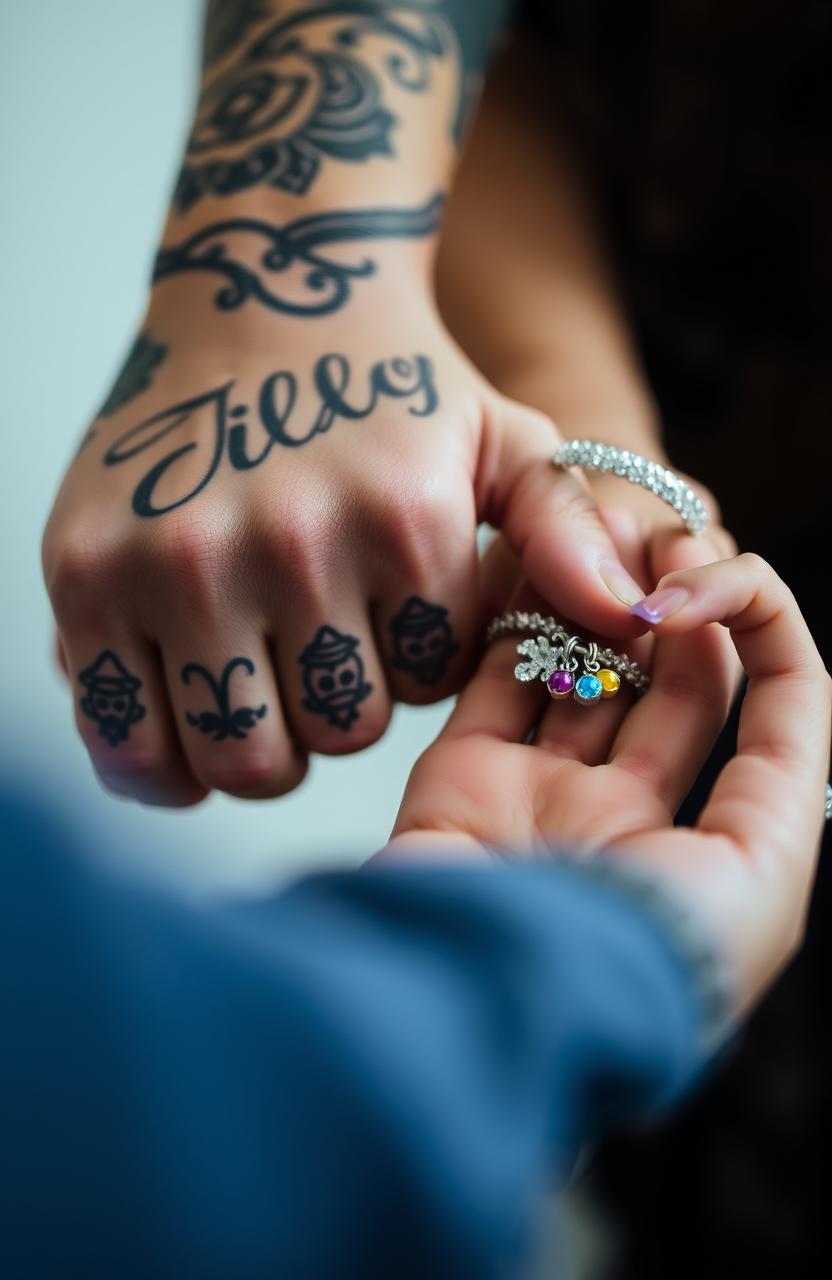 A close-up of a bad boy's tattooed hand firmly holding a girl's delicate hand, which is adorned with a shimmering charm bracelet