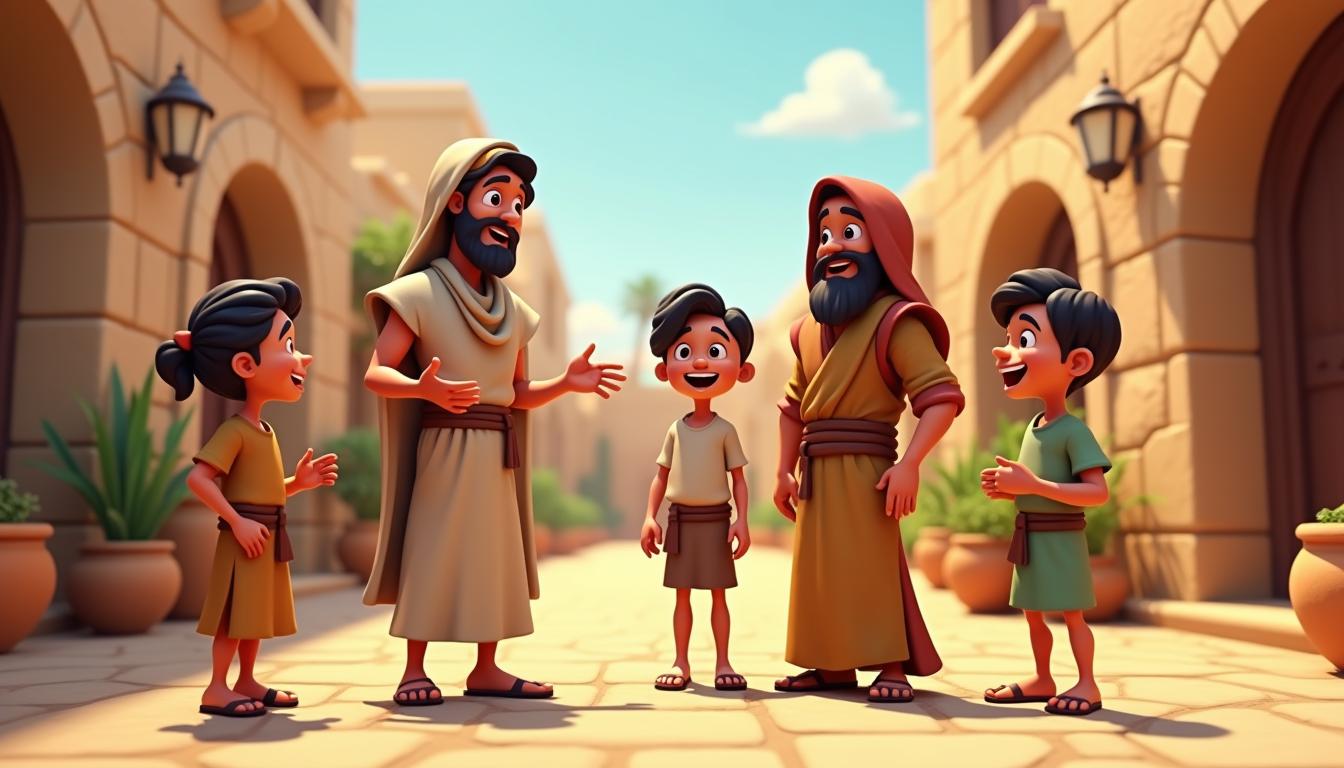 A 3D style depiction of a cartoon-style ancient prophet from Jerusalem around 600 BCE, engaged in a lively conversation with his family