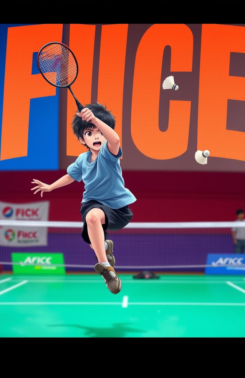 A dynamic scene of a boy executing a powerful jumping smash in a badminton game, showcasing athleticism and skill