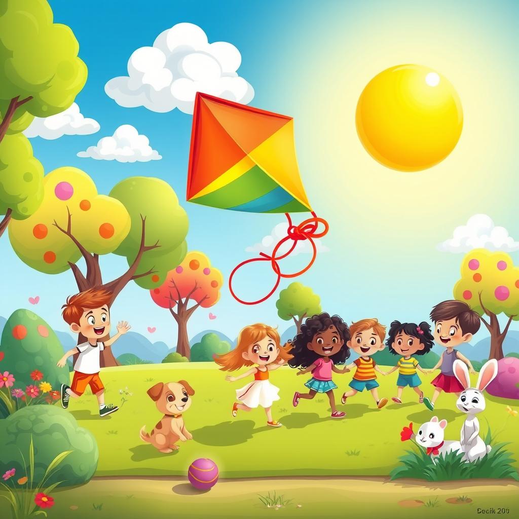 A playful cartoon scene featuring a colorful park with whimsical trees, friendly animals, and children playing with a kite
