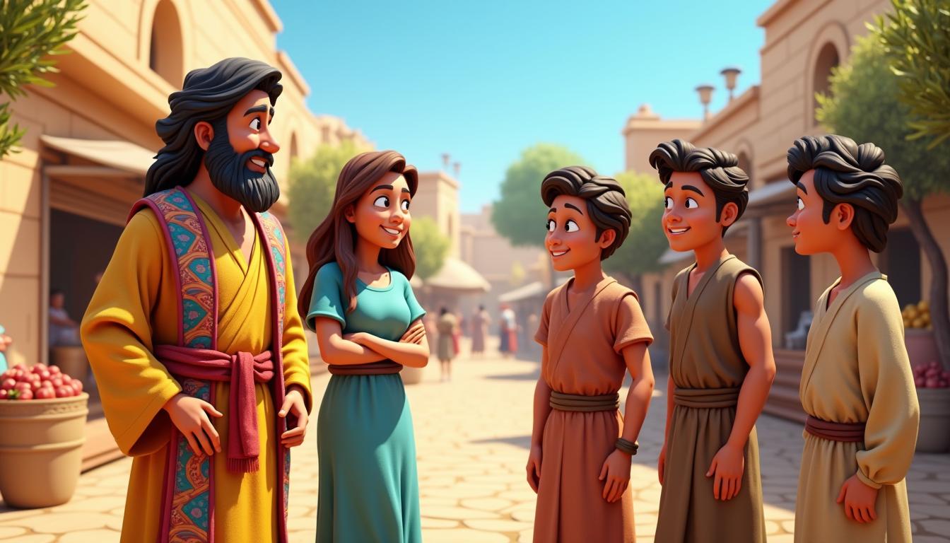 A 3D style depiction of a cartoon-style ancient prophet from Jerusalem around 600 BCE, engaging in a conversation with a woman and his four teenage sons