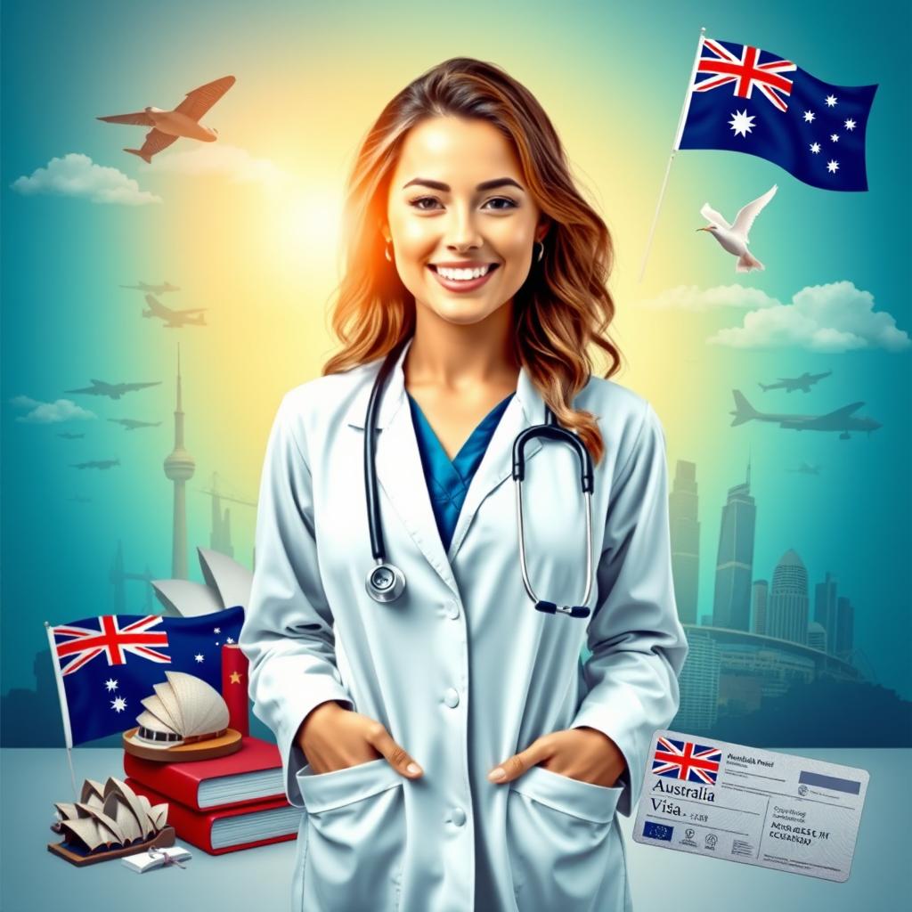 A vibrant and inspiring vision board depicting a beautiful and confident figure representing a doctor in Australia