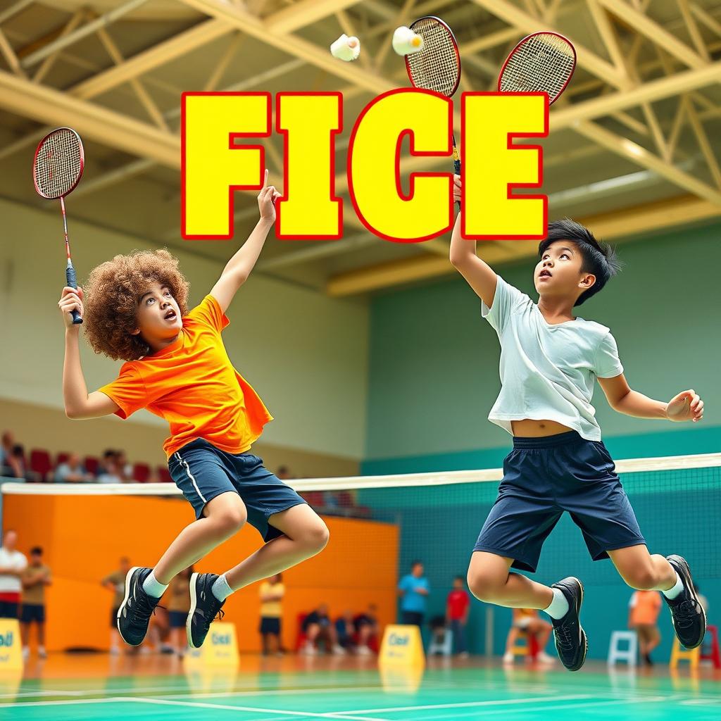 An exciting moment featuring two high school students performing powerful jumping smashes in a badminton match