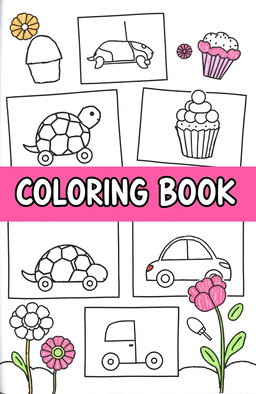A imaginative coloring book for kids, featuring pages with half-drawn objects like a tortoise, cupcake, and car, designed to stimulate creative thinking and artistic skills