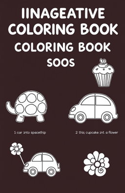 A imaginative coloring book for kids, featuring pages with half-drawn objects like a tortoise, cupcake, and car, designed to stimulate creative thinking and artistic skills