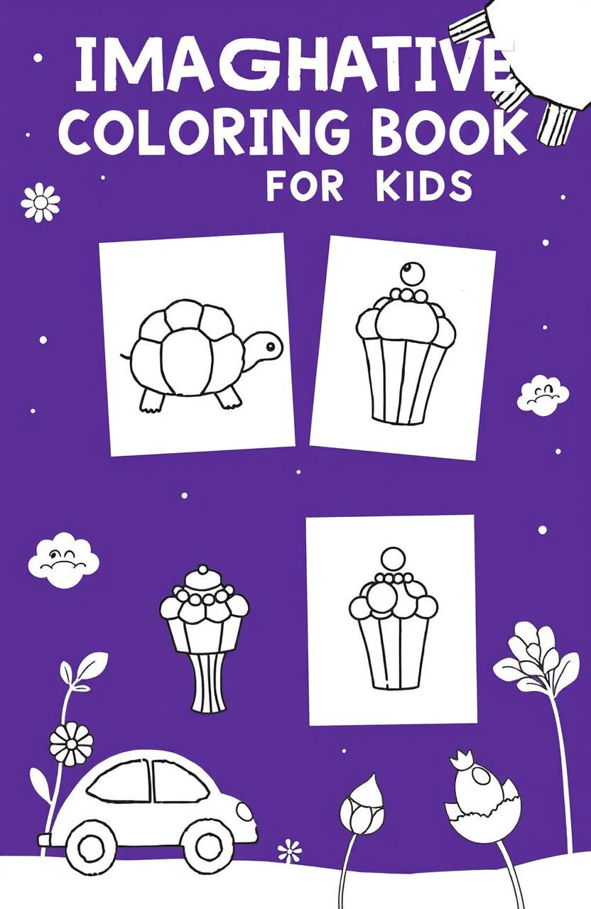 A imaginative coloring book for kids, featuring pages with half-drawn objects like a tortoise, cupcake, and car, designed to stimulate creative thinking and artistic skills