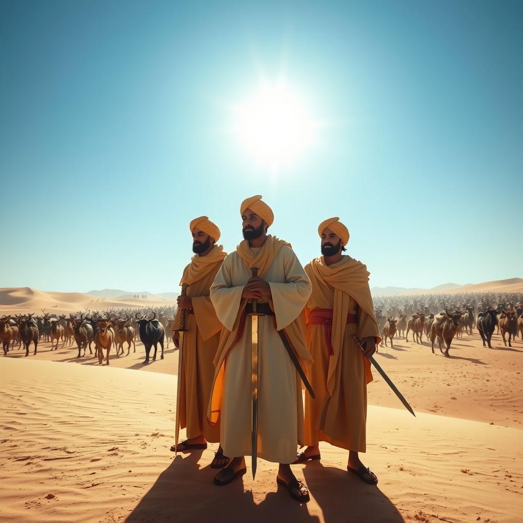 A vast scene in a sunlit desert, showcasing a horde of various animals approaching in the distance, numbering in the thousands