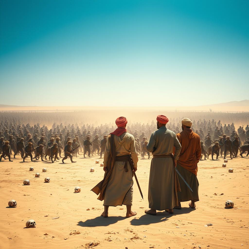A vast desert landscape under a bright blue sky, with a massive horde of monkeys and monstrous creatures in the distance, approaching by the thousands, creating an eerie yet thrilling atmosphere