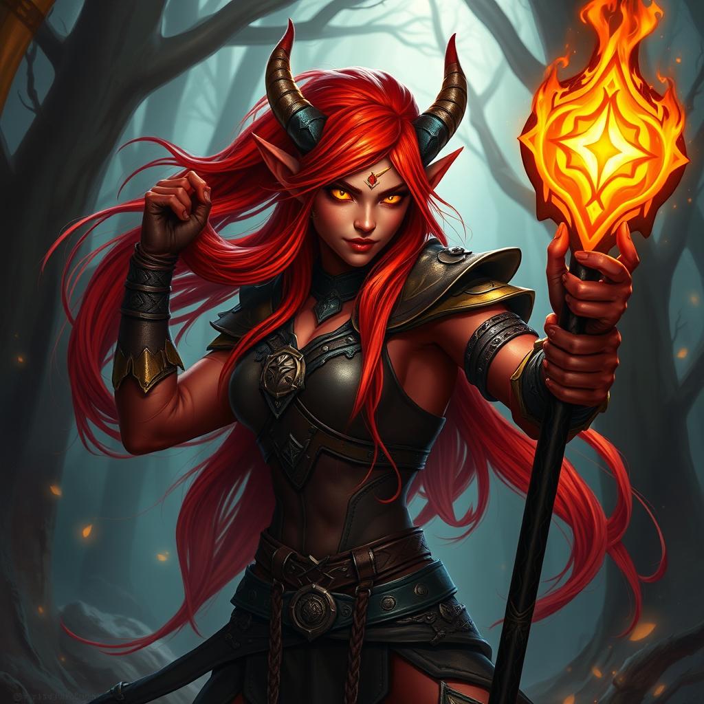 A stunning female Tiefling character with reddish skin and vibrant flame-red hair, striking a powerful pose