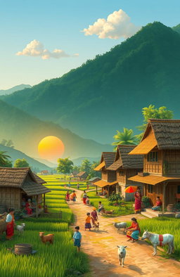 A picturesque village scene featuring traditional wooden houses with thatched roofs, surrounded by lush greenery and rice paddies