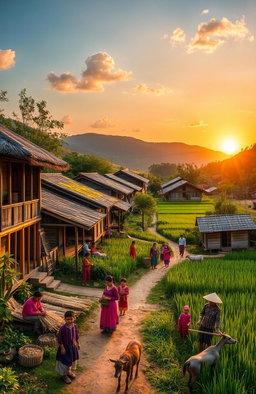 A picturesque village scene featuring traditional wooden houses with thatched roofs, surrounded by lush greenery and rice paddies