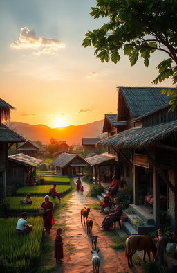 A picturesque village scene featuring traditional wooden houses with thatched roofs, surrounded by lush greenery and rice paddies