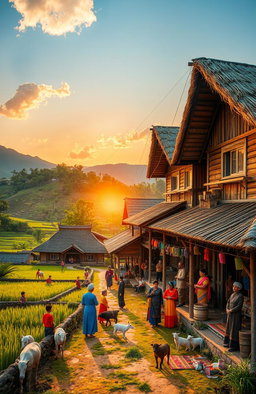 A picturesque village scene featuring traditional wooden houses with thatched roofs, surrounded by lush greenery and rice paddies