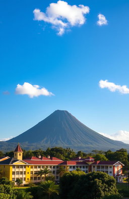 A stunning landscape featuring the majestic Mayon Volcano with its perfect cone shape towering in the background
