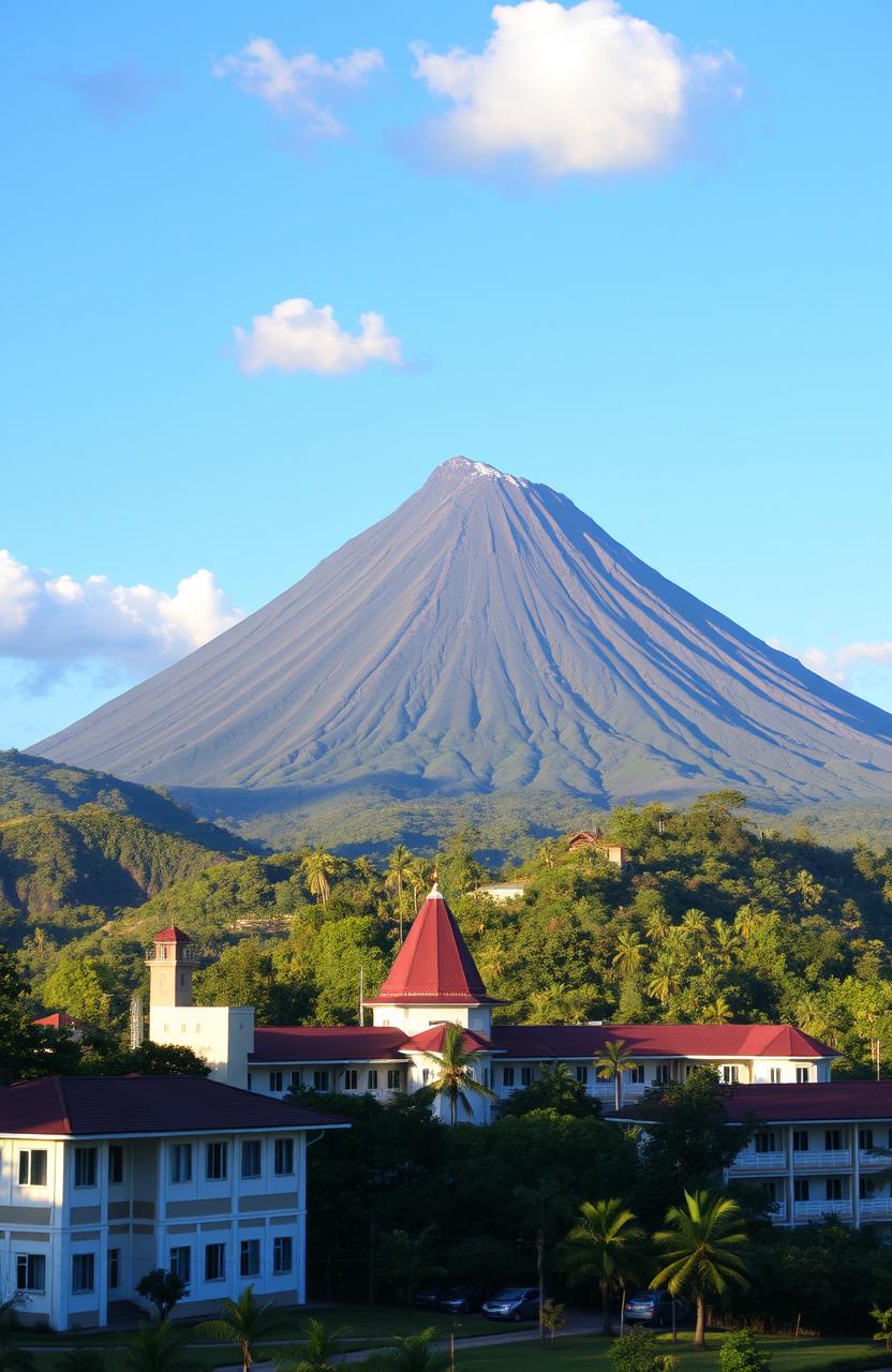 A stunning landscape featuring the majestic Mayon Volcano with its perfect cone shape towering in the background