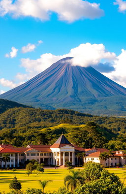 A stunning landscape featuring the majestic Mayon Volcano with its perfect cone shape towering in the background