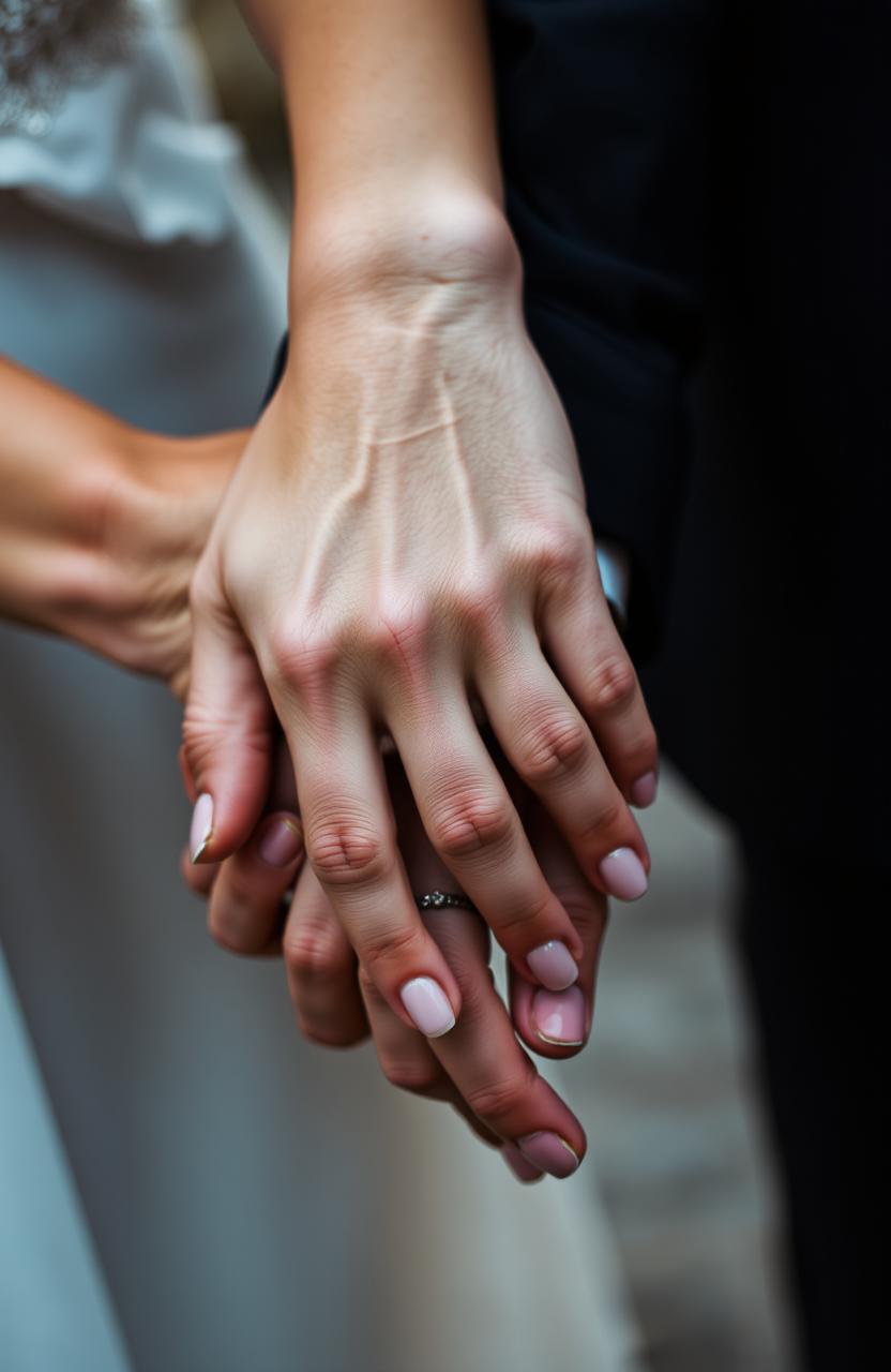 Close-up of a bad boy and a good girl's hands intertwined, showcasing the contrast between his rough, tattooed hand adorned with a silver ring and her delicate, smooth hand painted with pastel nail polish