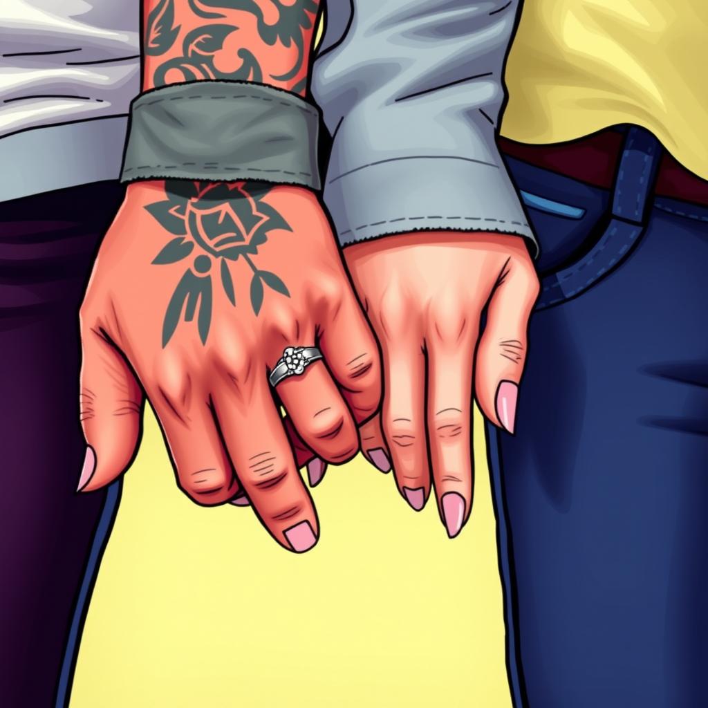 Close-up of a bad boy and a good girl's hands intertwined, highlighting the rough, tattooed hand with a silver ring of the bad boy and the delicate, smooth hand of the good girl
