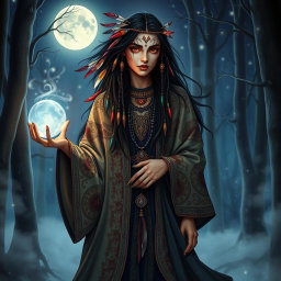 A Strigany Mystic, depicted as a deeply mysterious and enchanting figure, wearing ornate, flowing robes adorned with intricate patterns inspired by Romani culture