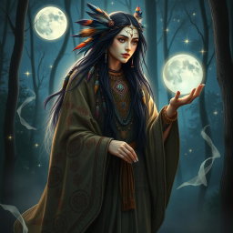 A Strigany Mystic, depicted as a deeply mysterious and enchanting figure, wearing ornate, flowing robes adorned with intricate patterns inspired by Romani culture