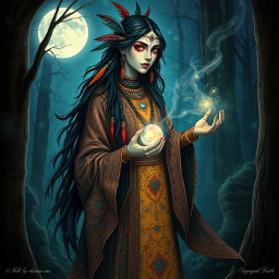 A Strigany Mystic, depicted as a deeply mysterious and enchanting figure, wearing ornate, flowing robes adorned with intricate patterns inspired by Romani culture