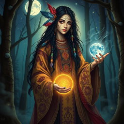 A Strigany Mystic, depicted as a deeply mysterious and enchanting figure, wearing ornate, flowing robes adorned with intricate patterns inspired by Romani culture