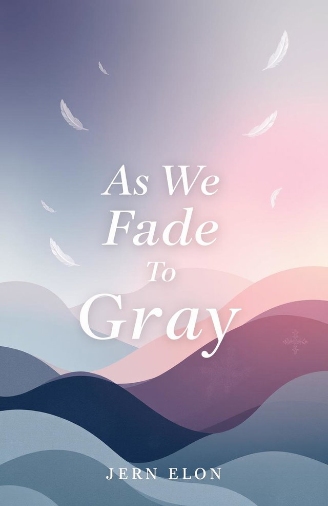A stunning contemporary illustrated book cover for "As We Fade To Gray" featuring a dreamy and ethereal landscape that transitions from vibrant colors to muted shades of gray, symbolizing the fading process