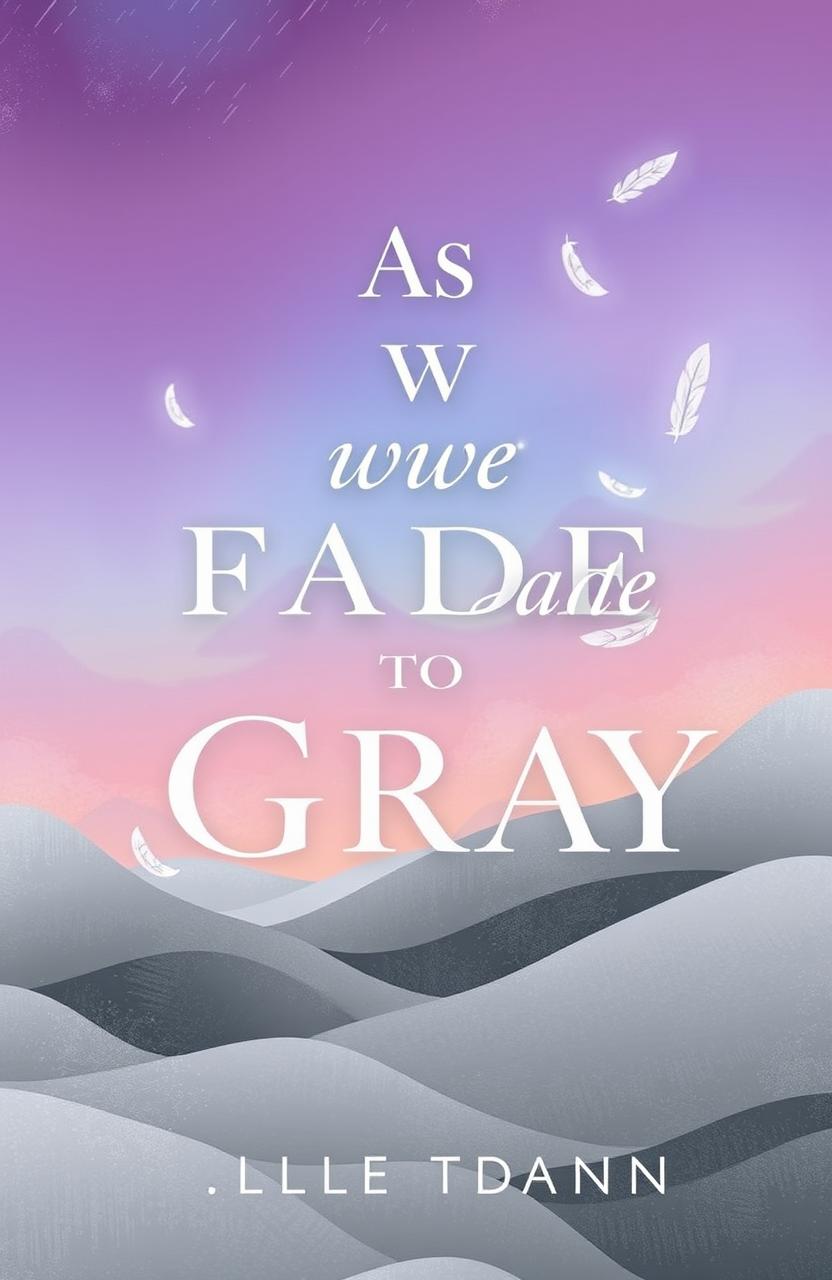 A stunning contemporary illustrated book cover for "As We Fade To Gray" featuring a dreamy and ethereal landscape that transitions from vibrant colors to muted shades of gray, symbolizing the fading process
