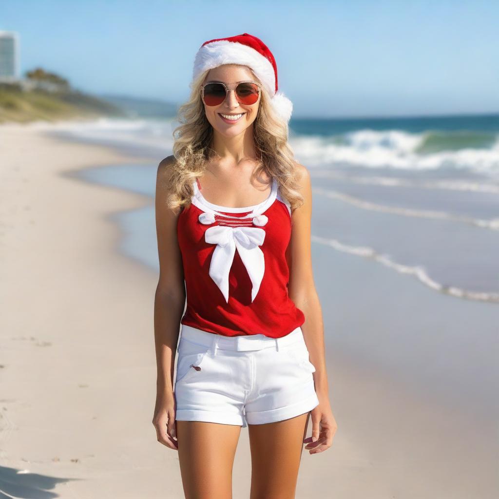 A youthful Mrs. Santa Claus modeling fashionable summer outfits on a serene, sandy beach.