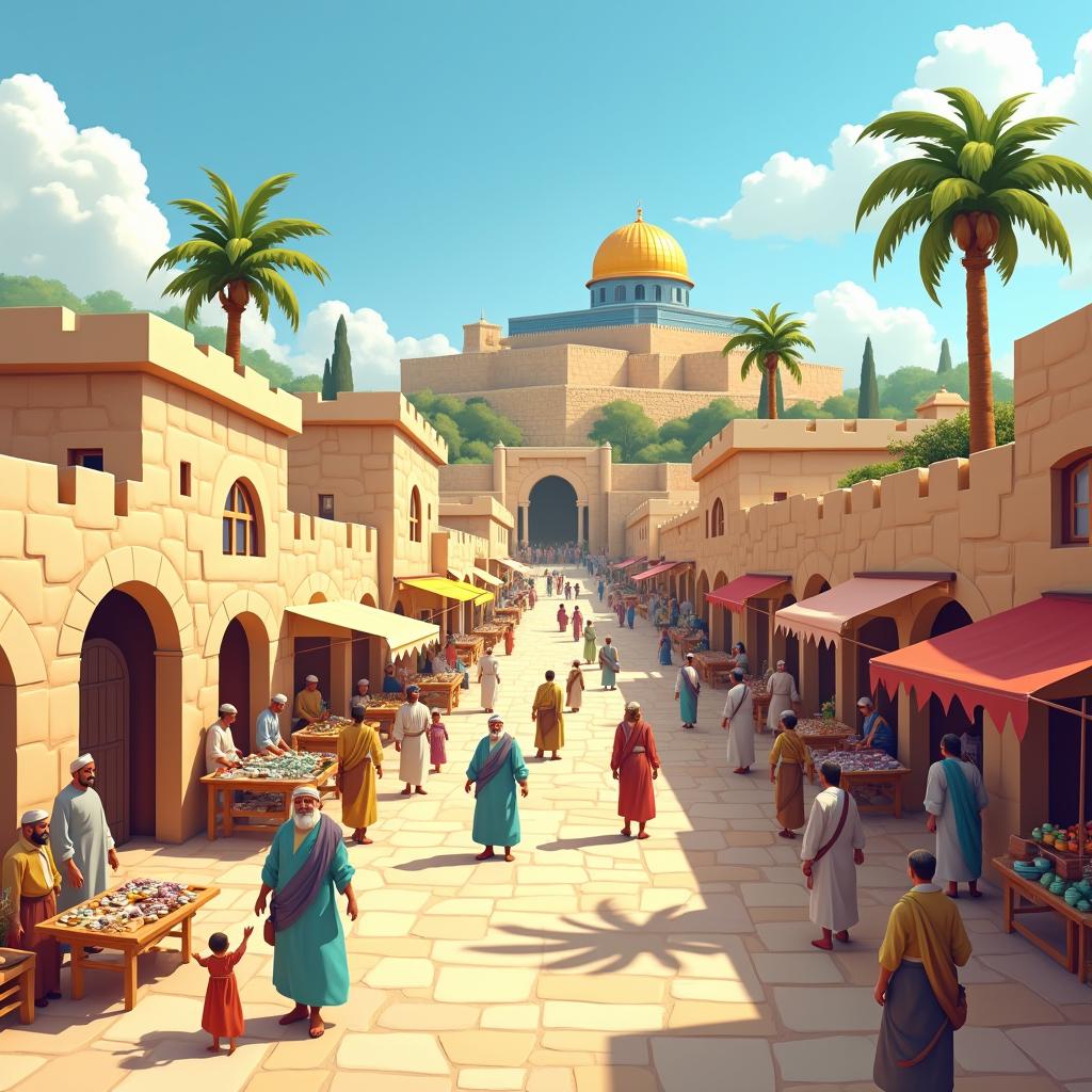 An illustrated scene of ancient Jerusalem in a vibrant 3D cartoon style, showcasing the city's iconic architecture