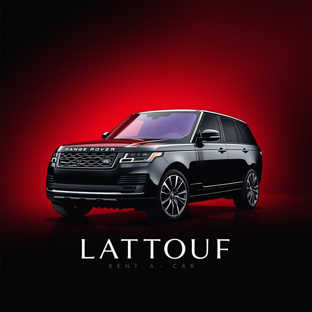 A visually striking image designed for a rent-a-car company, featuring a sleek black 2024 Range Rover prominently displayed
