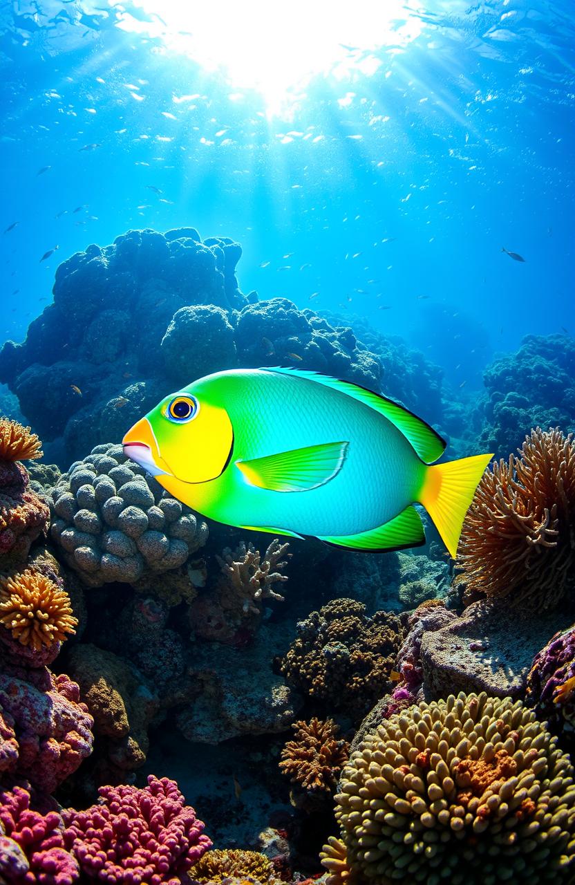 A vibrant underwater scene featuring a colorful parrot fish swimming gracefully among coral reefs