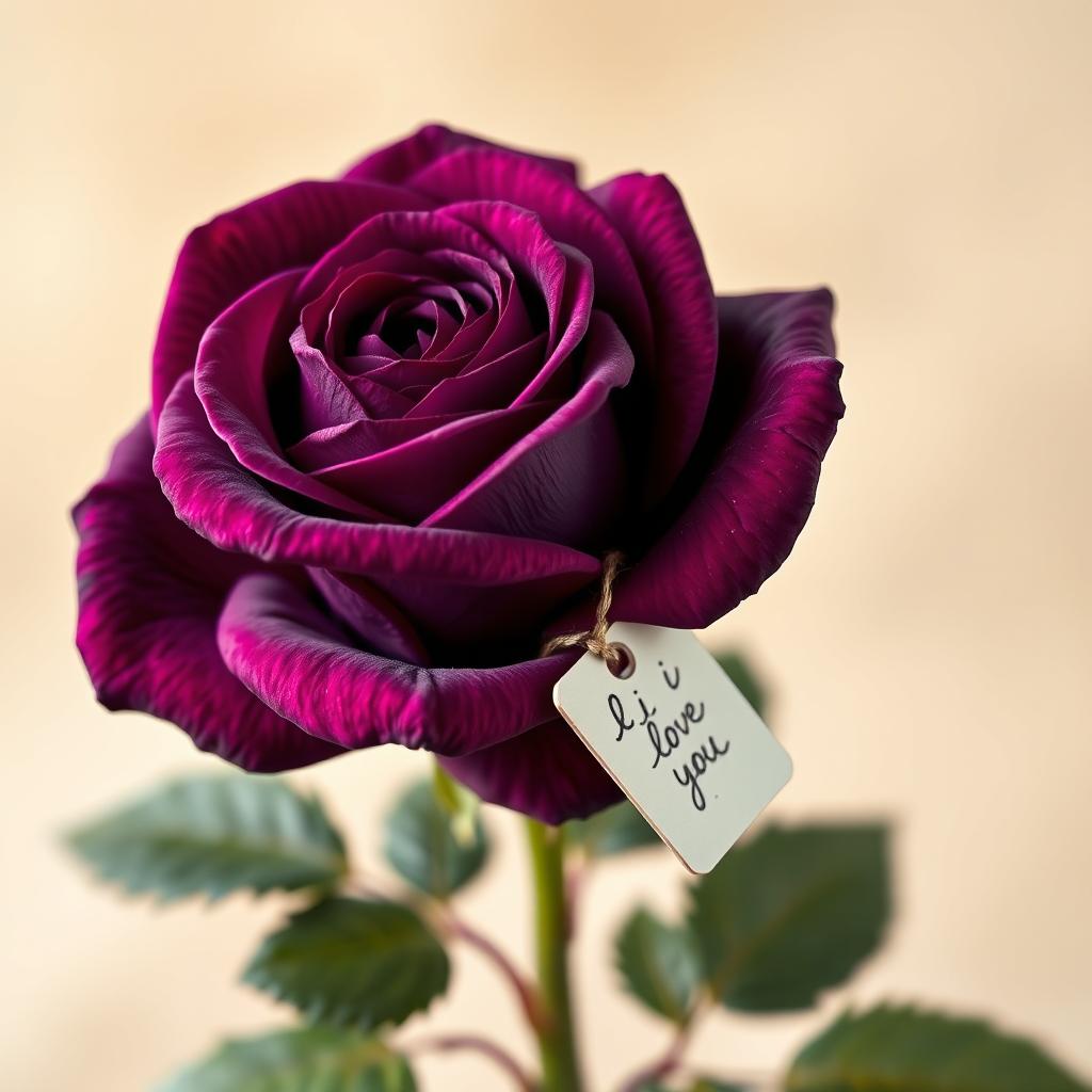 A hyperrealistic image of a single, deep purple rose that dominates the frame