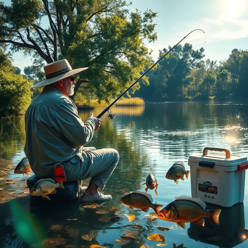 A serene fishing scene depicting a fisherman sitting patiently by a tranquil lake, casting his line for tilapia fish
