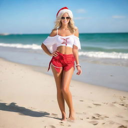 A youthful Mrs. Santa Claus modeling fashionable summer outfits on a serene, sandy beach.