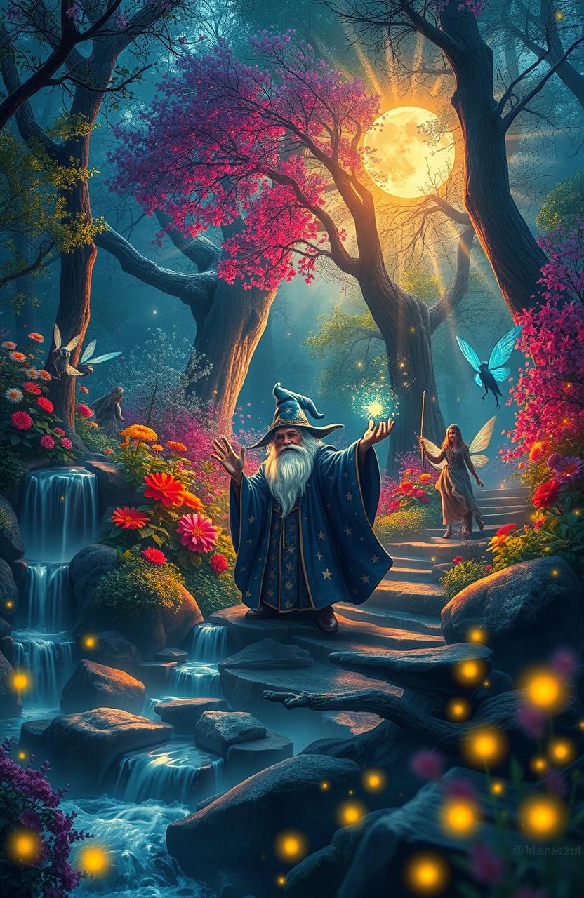 A captivating scene filled with magic, featuring an enchanting forest with vibrant, colorful flowers and sparkling lights floating through the air