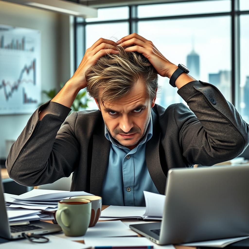 A portrait of an entrepreneur, a middle-aged man with tousled hair and a weary expression, looking overwhelmed in a modern office space
