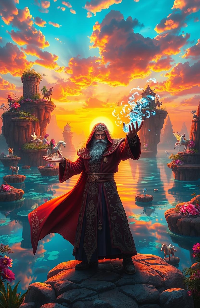 A stunningly vibrant fantasy world filled with magical elements, featuring floating islands adorned with glowing flora and fauna