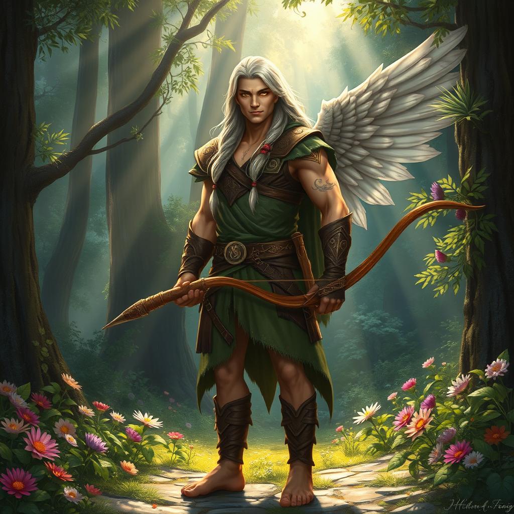 A majestic male Aasimar Ranger stands in a lush, enchanted forest
