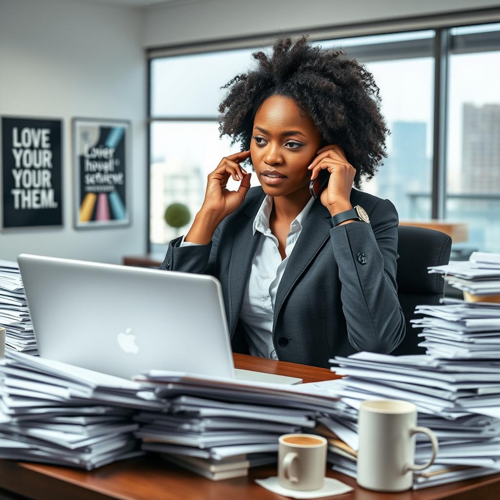 A busy entrepreneur in an office environment, surrounded by stacks of paperwork and a cluttered desk, looking overwhelmed