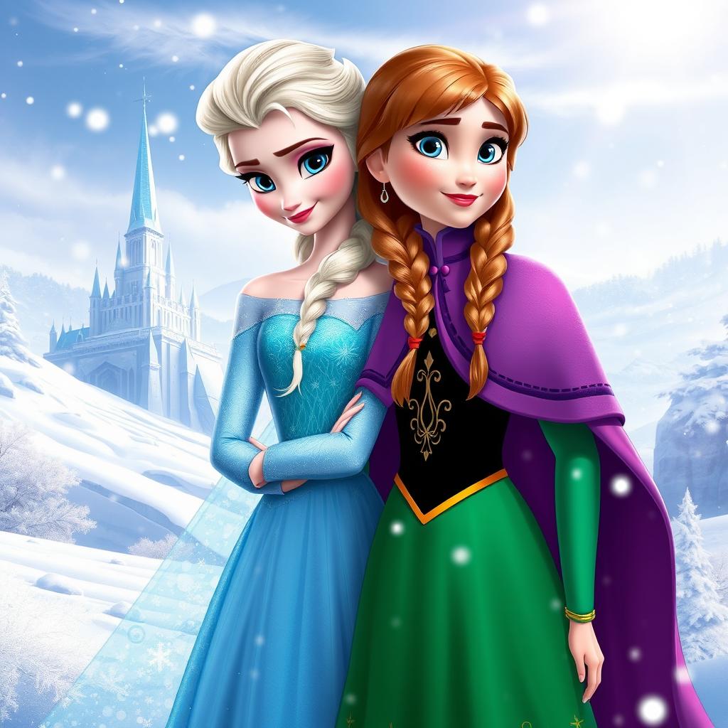 A stunning fan art cover featuring Elsa and Anna from the Disney animated film Frozen, set against a magical winter landscape