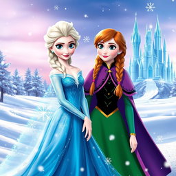 A stunning fan art cover featuring Elsa and Anna from the Disney animated film Frozen, set against a magical winter landscape