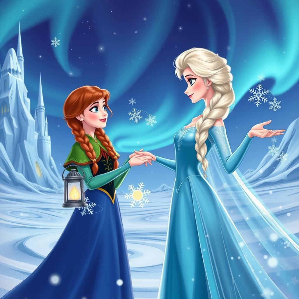 A striking illustration featuring Elsa and Anna from Disney's Frozen, showcasing their magical journey together