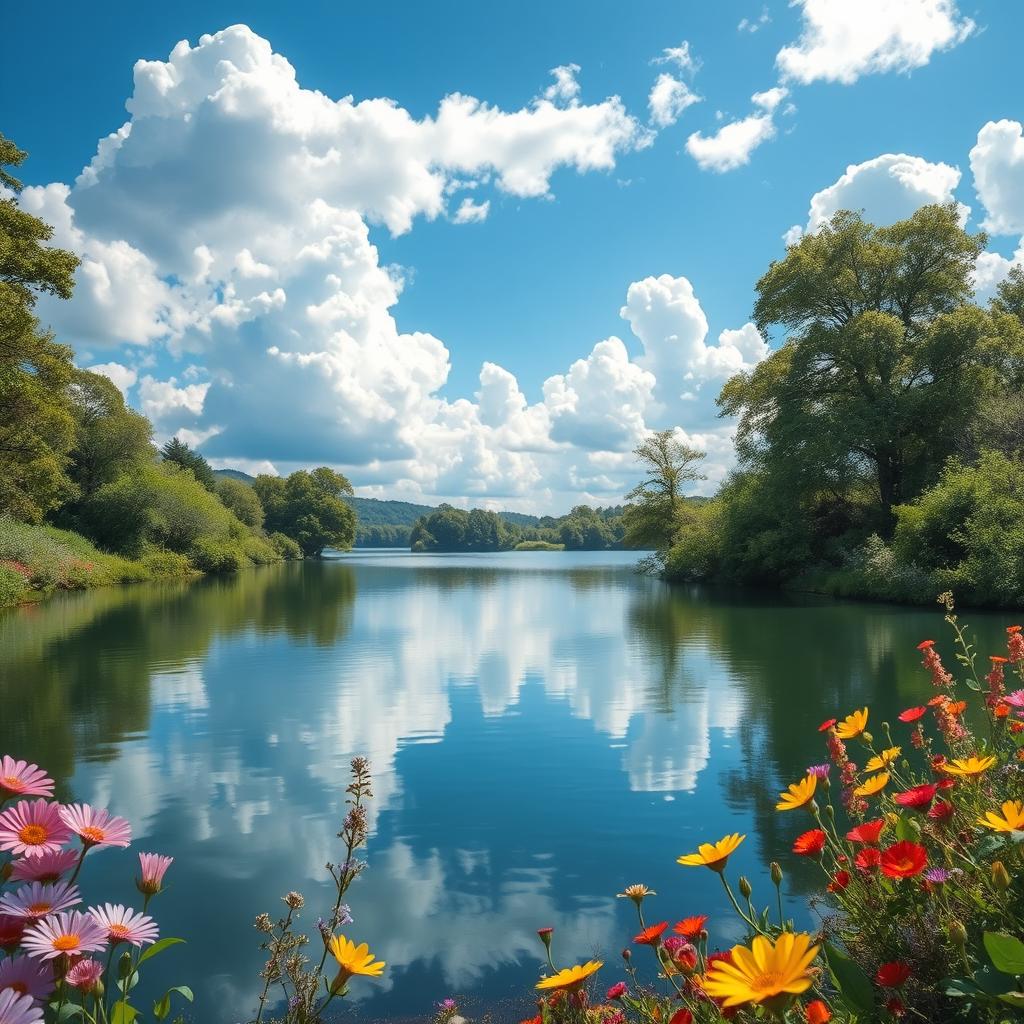 A serene landscape featuring a tranquil lake surrounded by lush greenery and colorful flowers